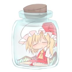 Rule 34 | +++, 1girl, ascot, barefoot, blonde hair, blush, bow, breasts, chibi, closed eyes, collared shirt, commentary request, crystal, d:, flandre scarlet, frilled hat, frilled skirt, frills, full body, hat, hat bow, in container, knees together feet apart, medium skirt, mob cap, nose blush, open mouth, puffy short sleeves, puffy sleeves, raised eyebrows, red bow, red skirt, shirt, short hair, short sleeves, shoupon, side ponytail, simple background, sitting, skirt, skirt set, sleeping, small breasts, solo, touhou, white background, white hat, wing collar, wings, yellow ascot, zzz