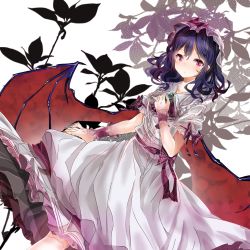 Rule 34 | 1girl, bat wings, dress, gumi11, hair between eyes, hand on own chest, hat, highres, light purple hair, looking at viewer, mob cap, pink dress, puffy short sleeves, puffy sleeves, red eyes, remilia scarlet, short hair, short sleeves, solo, touhou, wings, wrist cuffs