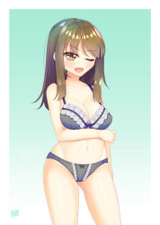 Rule 34 | 10s, 1girl, aqua background, artist name, black bra, black panties, bow, bow bra, bow panties, bra, breast hold, breasts, cleavage, cowboy shot, crotch seam, girls und panzer, gradient background, highres, lace, lace-trimmed bra, lace trim, long hair, looking at viewer, medium breasts, mika (girls und panzer), navel, one eye closed, open mouth, panties, signature, smile, solo, standing, underwear, win opz