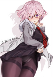 Rule 34 | 1girl, black dress, black pantyhose, blush, clothes lift, commentary request, dress, fate/grand order, fate (series), glasses, hair over one eye, highres, hood, hooded jacket, jacket, lifting own clothes, long sleeves, mash kyrielight, mi mi ham, necktie, open mouth, panties, pantyhose, purple eyes, purple hair, short hair, signature, skirt, skirt lift, solo, thighband pantyhose, underwear, white background