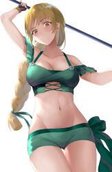 Rule 34 | 1girl, absurdres, bare shoulders, bikini, bikini shorts, blonde hair, braid, braided ponytail, breasts, cleavage, collarbone, cowboy shot, fingerless gloves, fire emblem, fire emblem: three houses, fire emblem heroes, gloves, gluteal fold, green bikini, green eyes, green shorts, groin, highres, holding, holding polearm, holding weapon, ingrid brandl galatea, ingrid brandl galatea (summer), long hair, looking down, medium breasts, navel, nintendo, off-shoulder bikini, off shoulder, official alternate costume, polearm, sail (sail-away), short shorts, shorts, simple background, solo, spear, swimsuit, very long hair, weapon, white background