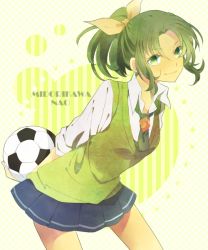 Rule 34 | 10s, 1girl, arms behind back, bad id, bad pixiv id, ball, cardigan, character name, green eyes, green hair, green necktie, green sweater vest, matching hair/eyes, midorikawa nao, necktie, ponytail, precure, school uniform, segawa (azmch), short hair, skirt, sleeves rolled up, smile, smile precure!, soccer ball, solo, sweater vest, telstar