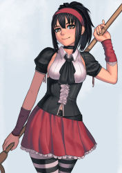 Rule 34 | 1girl, animification, belt, black hair, breasts, brown eyes, holding, holding behind back, lasterk, looking at viewer, marvel, marvel cinematic universe, nico minoru, pantyhose, ponytail, runaways, skirt, smile, solo, staff, striped clothes, striped pantyhose, wristband
