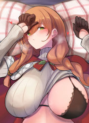 Rule 34 | 10eki (tenchou), 1girl, absurdres, black bra, black gloves, blush, bra, braid, breasts, brown hair, cape, clothes lift, girls&#039; frontline, gloves, green eyes, grey sweater, highres, huge breasts, long hair, long sleeves, looking at viewer, lying, official alternate costume, on back, one breast out, pillow, ribbed sweater, solo, springfield (girls&#039; frontline), springfield (o holy night) (girls&#039; frontline), sweater, sweater lift, underwear, upper body