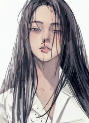 Rule 34 | 1girl, black hair, blood, blood on face, commentary, grey eyes, highres, lee q p, looking at viewer, mole, mole above mouth, mole under eye, no pupils, nosebleed, original, parted lips, portrait, simple background, solo, symbol-only commentary, teeth, white background