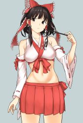 Rule 34 | 1girl, absurdres, bare shoulders, black eyes, black hair, bow, commentary request, cowboy shot, crop top, detached sleeves, expressionless, gohei, grey background, hair bow, hair tubes, hakurei reimu, hatakenaka (kamagabuchi), highres, japanese clothes, long hair, looking at viewer, midriff, miko, miniskirt, navel, pleated skirt, red skirt, ribbon-trimmed sleeves, ribbon trim, shide, sidelocks, simple background, skirt, solo, standing, touhou