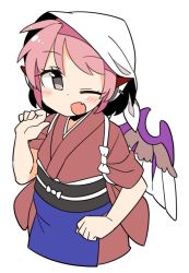 Rule 34 | 1girl, animal ears, apron, bird ears, bird wings, blue apron, brown dress, brown kimono, cropped legs, dress, earrings, fang, grey eyes, ini (inunabe00), japanese clothes, jewelry, kimono, looking at viewer, mystia lorelei, okamisty, one eye closed, open mouth, pink hair, short hair, short sleeves, simple background, single earring, skin fang, solo, touhou, waist apron, white background, white headwear, white wings, wings