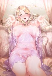 Rule 34 | 1girl, :d, blonde hair, blue eyes, blush, breasts, breasts apart, colored eyelashes, covered navel, curtains, drill hair, foreshortening, highres, hizuki akira, large breasts, long hair, looking at viewer, lying, mole, mole on stomach, no bra, no panties, nose blush, on back, open mouth, original, outstretched arms, see-through, smile, solo, steaming body, sweat