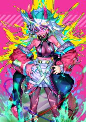 Rule 34 | 1girl, :d, aura, bare shoulders, belt, breasts, collar, colored skin, colorful, dedeen, fingernails, green eyes, highres, looking at viewer, middle finger, multicolored background, multicolored hair, oni, open mouth, original, red skin, sharp teeth, shorts, smile, spiked collar, spiked hair, spikes, teeth