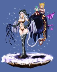 Rule 34 | 3girls, bikini, blonde hair, blue eyes, breasts, cat o&#039; nine tails, chain, choker, corset, demon girl, flail, green hair, hands on own hips, hat, heart, highres, holding, holding weapon, horns, lilim (monster girl encyclopedia), looking at viewer, monster girl, monster girl encyclopedia, multiple girls, navel, panties, pointy ears, red eyes, snow, stomach, succubus (monster girl encyclopedia), swimsuit, tail, thighhighs, thighs, thighs together, udetamago, underwear, weapon, white hair, wings