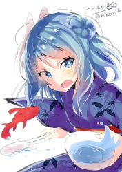 Rule 34 | 1girl, alternate costume, belt, blue eyes, blue hair, blush, double bun, fish, floral print, hair between eyes, highres, hizaka, japanese clothes, kantai collection, kimono, long hair, looking at viewer, one-hour drawing challenge, open mouth, simple background, solo, urakaze (kancolle), water, white background, yukata