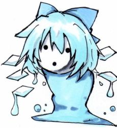 Rule 34 | 1girl, arakune, arc system works, blazblue, blazblue: calamity trigger, blue hair, bow, cirno, crossover, fusion, ice, monster, parody, short hair, slime (substance), solo, embodiment of scarlet devil, touhou, traditional media, wings