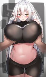 Rule 34 | 1boy, 1girl, bike shorts, borrowed character, grabbing another&#039;s breast, breasts, covered erect nipples, detached sleeves, elf, embarrassed, grabbing, groping, highres, huge breasts, long hair, midriff, original, pointy ears, pov, simple background, standing, tylwing, white hair