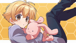 Rule 34 | 1boy, antenna hair, asada hachi, banned artist, black pants, blazer, blonde hair, blush, commentary, from side, haninozuka mitsukuni, highres, holding, holding stuffed toy, honeycomb (pattern), honeycomb background, jacket, legs up, long sleeves, looking at viewer, male focus, hugging object, ouran high school host club, ouran high school uniform, pants, parted lips, purple jacket, school uniform, short hair, solo, stuffed animal, stuffed rabbit, stuffed toy, twitter username, watermark, yellow eyes