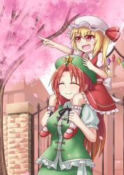 Rule 34 | 2girls, absurdres, ascot, beret, black ribbon, blonde hair, braid, building, carrying, cherry blossoms, china dress, chinese clothes, closed eyes, closed mouth, crystal, dress, falling petals, fang, flandre scarlet, gate, green headwear, hat, hat ornament, hat ribbon, highres, hong meiling, long hair, mob cap, multicolored wings, multiple girls, neck ribbon, one side up, open mouth, outdoors, petals, piaoluo de ying huaban, pointing, puffy short sleeves, puffy sleeves, red eyes, red hair, red skirt, red vest, ribbon, short sleeves, shoulder carry, side ponytail, skirt, skirt set, smile, star (symbol), star hat ornament, touhou, tree, vest, white headwear, wings, yellow ascot
