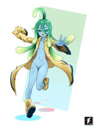 Rule 34 | 10s, 1girl, blue skin, boots, coat, colored skin, flat chest, gradient hair, green eyes, green hair, groin, long hair, matching hair/eyes, monster girl, monster musume no iru nichijou, multicolored hair, naked coat, naked raincoat, navel, nude, open mouth, outstretched arms, raincoat, rubber boots, running, sleeves past wrists, slime girl, smile, solo, suu (monster musume), teng zhai zi, tentacle hair, yellow footwear