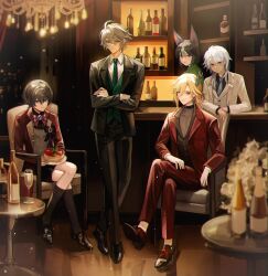 Rule 34 | 5boys, absurdres, ahoge, alhaitham (genshin impact), armchair, bar (place), black footwear, black jacket, black pants, blonde hair, bottle, chair, champagne bottle, chandelier, collared shirt, crossed arms, curtains, cyno (genshin impact), genshin impact, green eyes, green hair, green necktie, green vest, grey hair, highres, indoors, jacket, kaveh (genshin impact), looking at viewer, male focus, multicolored hair, multiple boys, necktie, pants, red eyes, scaramouche (genshin impact), shirt, shoes, sitting, streaked hair, tighnari (genshin impact), veryslow zzzpin, vest, wanderer (genshin impact), white shirt, wine bottle