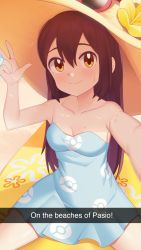 Rule 34 | 1girl, absurdres, beach, blue dress, blush, breasts, brown hair, caption, cleavage, closed mouth, collarbone, commentary request, creatures (company), day, dress, flower, game freak, gazing eye, hand up, hat, hat flower, highres, long hair, nintendo, outdoors, poke ball print, pokemon, pokemon masters ex, pokemon sm, red-framed eyewear, sand, selfie, shore, sightseer (pokemon), sitting, smile, solo, spread legs, strapless, strapless dress, sunglasses, sweat, w, water, yellow flower