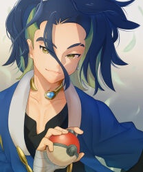 Rule 34 | 1boy, adaman (pokemon), blue coat, blue hair, brown eyes, closed mouth, coat, collar, commentary request, creatures (company), earrings, eyebrow cut, falling leaves, game freak, hand up, highres, holding, holding poke ball, jewelry, leaf, long hair, male focus, multicolored hair, nintendo, poke ball, poke ball (legends), pokemon, pokemon legends: arceus, redcat13, smile, solo, upper body