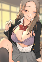 Rule 34 | 1girl, :d, black jacket, black socks, blush, bow, bowtie, bra, breasts, brown hair, classroom, cleavage, earrings, fingernails, grey nails, grey skirt, highres, indoors, jacket, jewelry, knee up, kneehighs, large breasts, long fingernails, long hair, long sleeves, looking at viewer, miniskirt, mole, mole on breast, nail polish, naughty face, necro (nekurodayo), open clothes, open jacket, open mouth, open shirt, original, purple bra, purple eyes, red bow, red bowtie, school uniform, shirt, sitting, skirt, smile, socks, solo, unbuttoned, underwear, white shirt