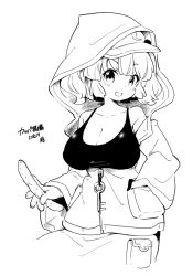 Rule 34 | 1girl, breasts, cleavage, cucumber, flat cap, food, hand in pocket, hat, high contrast, holding, holding food, hood, hoodie, kawashiro nitori, key, large breasts, long sleeves, looking at viewer, monochrome, open mouth, pocket, simple background, solo, tanasuke, touhou, translation request