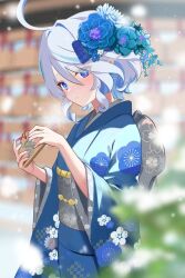 Rule 34 | 1girl, blue eyes, blue hair, blue kimono, blurry, blurry background, commentary request, cowlick, depth of field, drop-shaped pupils, ema, floral print kimono, flower, furina (genshin impact), genshin impact, hair between eyes, hair flower, hair ornament, hands up, heterochromia, holding ema, japanese clothes, kimono, light blue hair, long sleeves, looking at viewer, mismatched pupils, multicolored hair, obi, outdoors, rrr gns (riuriu 1212), sash, short hair, snowing, solo, symbol-shaped pupils, white hair