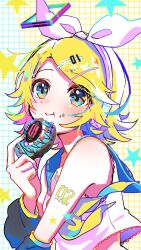 Rule 34 | 1girl, :t, absurdres, aqua eyes, bare shoulders, blonde hair, blue sailor collar, blush, bow, chewing, colorful, crop top, detached sleeves, doughnut, eating, food, food in mouth, grid background, hair bow, hair ornament, hairclip, headphones, headset, highres, kagamine rin, looking at viewer, midriff peek, multicolored background, neckerchief, number tattoo, pafufu, pale skin, sailor collar, sailor shirt, shirt, short hair, shoulder tattoo, sleeveless, sleeveless shirt, smile, solo, tattoo, treble clef, upper body, vocaloid, white bow, yellow background, yellow nails, yellow neckerchief