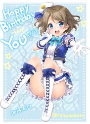 Rule 34 | 1girl, :d, anchor symbol, blue bow, blue bowtie, blue eyes, boots, bow, bowtie, bridal garter, brown hair, character name, cropped jacket, cross-laced footwear, dated, diagonal stripes, elbow gloves, frilled shirt collar, frills, gloves, grey hair, happy birthday, hat, heart, knee boots, looking at viewer, love live!, love live! school idol festival, love live! sunshine!!, open mouth, outstretched hand, peaked cap, rope, sakurai makoto (custom size), short hair, short sleeves, smile, solo, star (symbol), striped, striped background, twitter username, watanabe you, white footwear, white gloves
