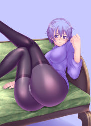 Rule 34 | 1girl, ass, black pantyhose, blue eyes, blue hair, blush, breasts, couch, covered erect nipples, glasses, highres, large breasts, legs, legs up, matching hair/eyes, original, panties, panties under pantyhose, pantyhose, short hair, sitting, solo, sweater, taru neko, thighband pantyhose, thong, underwear