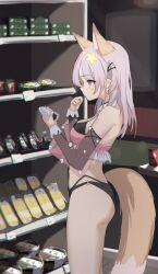 Rule 34 | 1girl, animal ears, annytf, ass, black panties, breasts, brown eyes, brown hair, cleavage, convenience store, crop top, detached sleeves, expressionless, food, fox ears, fox girl, fox tail, from side, hair ornament, hand to own mouth, highres, indie virtual youtuber, indoors, long hair, medium breasts, mino (minosura27), no pants, onigiri, panties, pink shirt, ribbon, sandwich, see-through, shelf, shirt, shop, shopping, solo, star (symbol), star hair ornament, tail, thighs, underwear, virtual youtuber