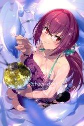 Rule 34 | 1girl, breasts, character name, cleavage, collarbone, dress, eating, echo (circa), fate/grand order, fate (series), food, glasses, hair between eyes, hair ornament, hair scrunchie, large breasts, long hair, long sleeves, looking at viewer, ponytail, purple dress, purple hair, red eyes, scathach (fate), scathach skadi (fate), scathach skadi (swimsuit ruler) (fate), scathach skadi (swimsuit ruler) (second ascension) (fate), scrunchie, see-through, see-through sleeves, shaved ice, smile, solo, sweater, sweater dress, thighs