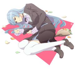 Rule 34 | 10s, 1girl, blue hair, bouquet, brown eyes, flower, highres, jacket, kiznaiver, loafers, long hair, lying, on side, parted lips, shao (newton), shoes, solo, sonozaki noriko, thighhighs, white thighhighs