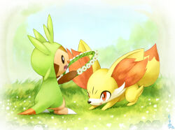 Rule 34 | animal ear fluff, black eyes, bright pupils, chespin, claws, creatures (company), fennekin, flower, game freak, gen 6 pokemon, grass, holding, holding wreath, multicolored fur, nintendo, no humans, open mouth, pokemon, pokemon (creature), red eyes, red fur, ryuma210, signature, standing, white fur, white pupils, yellow fur