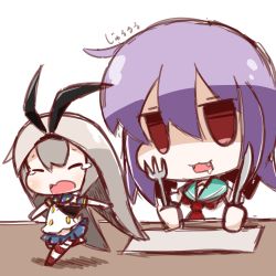 Rule 34 | 2girls, :3, absurdres, antennae, bug, butter knife, chibi, cockroach, crying, drooling, fang, fork, gokicha, highres, holding, insect, kantai collection, multiple girls, nuu (nu-nyu), open mouth, parody, patterned legwear, pleated skirt, purple hair, red eyes, running, school uniform, serafuku, shimakaze (kancolle), short hair, silver hair, sketch, skirt, striped clothes, striped legwear, striped thighhighs, tama (kancolle), tears, thighhighs, translation request, two-tone stripes