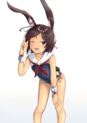 Rule 34 | 1girl, absurdres, animal ears, arm up, azur lane, bracer, brown eyes, brown hair, rabbit ears, rabbit tail, commentary request, dark skin, dark-skinned female, detached collar, hand on own thigh, highres, i-26 (azur lane), index finger raised, karla (kimidori3), leaning forward, one-piece swimsuit, one eye closed, open mouth, sailor collar, short hair, simple background, smile, solo, strapless, strapless one-piece swimsuit, swimsuit, tail, white background, wristband