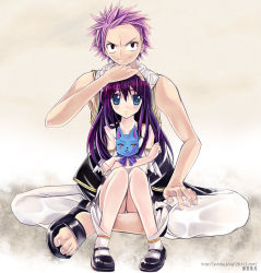 Rule 34 | 1boy, 1girl, achiba, alternate color, bad id, bad pixiv id, cat, charle (fairy tail), fairy tail, hand on another&#039;s head, headpat, height difference, hetero, hug, natsu dragneel, petite, pink hair, purple hair, sandals, shoes, simple background, sitting, smile, wendy marvell