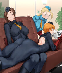 Rule 34 | 3girls, ahoge, anagumasan, ass, backless leotard, backless outfit, black leotard, blonde hair, blue eyes, blue leotard, bodysuit, boots, breasts, brown hair, cammy white, closed eyes, closed mouth, commentary request, couch, curious, fingerless gloves, fingernails, friends, garrison cap, gloves, hat, highres, holding, indoors, juli (street fighter), juni (street fighter), knee boots, leotard, long sleeves, lying, magazine (object), medium breasts, multiple girls, necktie, on stomach, orange hair, pantyhose, parted bangs, parted lips, ribbed leotard, shadaloo dolls, short hair, sitting, skin tight, sleeping, street fighter, street fighter zero (series), turtleneck