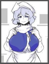 Rule 34 | 1girl, blue eyes, blue shirt, breasts, collar, dress, eyebrows, grey hair, hands on own chest, highres, kappamin, large breasts, letty whiterock, long sleeves, polearm, relaxing, shirt, simple background, smile, solo, touhou, trident, weapon, white collar, white dress