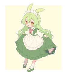 Rule 34 | 1girl, absurdres, adapted costume, alternate hairstyle, apron, bobby socks, border, collared shirt, frilled apron, frilled shirt collar, frilled skirt, frills, full body, goshi-san, green footwear, green hair, green skirt, hair between eyes, highres, long hair, long sleeves, looking at viewer, maid headdress, mary janes, neck ribbon, open mouth, outline, outside border, petticoat, ribbon, shirt, shoes, simple background, skirt, skirt hold, smile, socks, solo, standing, suspender skirt, suspenders, twitter username, voicevox, waist apron, white apron, white border, white outline, white shirt, white socks, yellow background, yellow eyes, zundamon