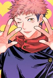 Rule 34 | 1boy, black jacket, brown eyes, buttons, commentary request, double v, facial mark, fushirun rung, hands up, heart, heart background, highres, hood, hoodie, itadori yuuji, jacket, jujutsu kaisen, korean commentary, long sleeves, looking at viewer, male focus, one eye closed, pink hair, red hoodie, school uniform, short hair, smile, solo, undercut, v