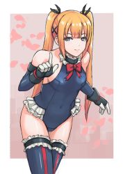 Rule 34 | 1girl, aono hoshi, bad id, bad pixiv id, bare shoulders, blonde hair, blue eyes, blue one-piece swimsuit, blue thighhighs, breasts, cowboy shot, dead or alive, dead or alive 5, detached sleeves, frilled thighhighs, frills, hair ribbon, index finger raised, leotard, long hair, looking at viewer, marie rose, one-piece swimsuit, ribbon, sideboob, smile, solo, swimsuit, thighhighs, twintails