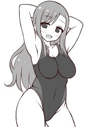 Rule 34 | 1girl, :d, armpits, arms behind head, bad id, bad pixiv id, blush, breasts, competition swimsuit, covered navel, greyscale, long hair, medium breasts, monochrome, neri sachiko, one-piece swimsuit, open mouth, original, smile, solo, swimsuit