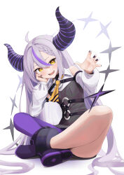 Rule 34 | 1girl, ahoge, ankle cuffs, ara1e, ascot, bare shoulders, black dress, black footwear, black nails, boots, braid, braided bangs, demon girl, demon horns, dress, fangs, grey hair, highres, hololive, horns, la+ darknesss, long hair, multicolored hair, nail polish, open mouth, pantyhose, pointy ears, purple hair, purple pantyhose, single leg pantyhose, slit pupils, solo, streaked hair, striped horns, tail, very long hair, virtual youtuber, yellow ascot, yellow eyes