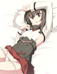 Rule 34 | 10s, 1girl, arm on own head, breasts, brown eyes, brown hair, caryo, clothes lift, kantai collection, looking at viewer, lying, on back, panties, panty pull, pillow, pleated skirt, short hair, sideboob, skirt, skirt lift, small breasts, solo, taihou (kancolle), underwear, white panties