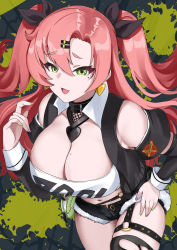 Rule 34 | 1girl, bangboo (zenless zone zero), black jacket, black ribbon, black shorts, black thighhighs, blush, breasts, cleavage, commentary, crop top, cutoffs, earrings, green eyes, heart, heart earrings, highres, jacket, jewelry, large breasts, long hair, long sleeves, looking at viewer, micro shorts, mole, mole on breast, mole under eye, nail polish, navel, nicole demara, open mouth, pink hair, ribbon, shorts, single thighhigh, smile, solo, strapless, thighhighs, thighs, tian kazuki, tube top, two side up, zenless zone zero