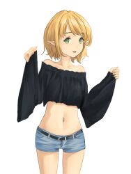 Rule 34 | 1girl, belt, black belt, blonde hair, blue shorts, breasts, commentary request, cowboy shot, crop top, green eyes, highres, medium hair, midriff, navel, off-shoulder shirt, off shoulder, original, pointy ears, shin (shincrz), shirt, short shorts, shorts, sleeves past wrists, small breasts, solo, wide sleeves