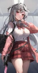 Rule 34 | 1girl, bag, black hair, bow, bowtie, breasts, cardigan, cleavage, commentary request, cowboy shot, ear piercing, finger to mouth, from below, furofuroppi, grey hair, highres, holding, holding weapon, hololive, indoors, large breasts, long hair, long sleeves, looking at viewer, multicolored hair, nail polish, off shoulder, open cardigan, open clothes, piercing, pink cardigan, pleated skirt, red eyes, red nails, sakamata chloe, school bag, school uniform, shoulder bag, skirt, solo, streaked hair, two side up, virtual youtuber, weapon