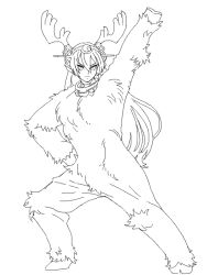 Rule 34 | &gt;:(, 10s, 1girl, animal costume, antlers, arm up, bad drawr id, bad id, cosmic bear, frown, full body, greyscale, hand on own hip, headgear, horns, kantai collection, long hair, monochrome, nagato (kancolle), reindeer antlers, reindeer costume, simple background, solo, v-shaped eyebrows, white background