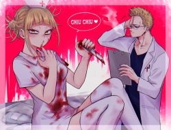 Rule 34 | 1boy, 1girl, blonde hair, blood, blood on clothes, boku no hero academia, bubaigawara jin, cigarette, glasses, hat, holding, holding knife, holding weapon, knife, lab coat, messy hair, nashimo (drz n), nurse, nurse cap, thighhighs, toga himiko, weapon, white thighhighs, yellow eyes