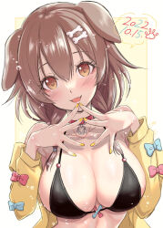 Rule 34 | 1girl, adapted costume, alto seneka, animal ears, bikini, black bikini, blush, bone hair ornament, braid, breasts, brown hair, cleavage, collar, commentary, dated, dog ears, dog girl, eyelashes, fang, hair between eyes, hair ornament, heart, heart in eye, highres, hololive, inugami korone, inugami korone (1st costume), jacket, large breasts, looking at viewer, medium hair, nail polish, off shoulder, open clothes, open jacket, open mouth, own hands together, paw print, red collar, red eyes, simple background, smile, solo, steepled fingers, string bikini, swimsuit, symbol in eye, twin braids, upper body, virtual youtuber, white background, yellow background, yellow jacket, yellow nails